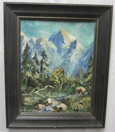Mountain landscape knife work painting on canvas board. Dated and signed on reverse Marilyn Farley 68
