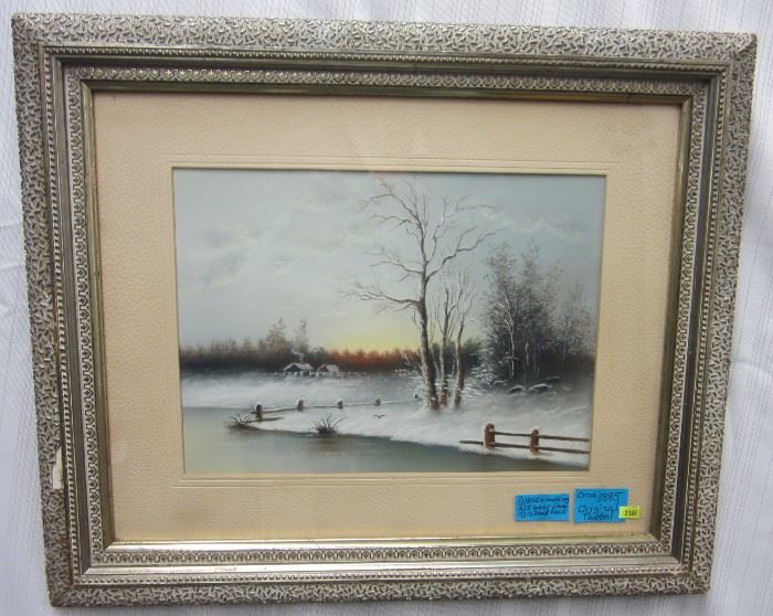 Turn of the century winter landscape pastel painting with pond and cabins in background. Period silver leaf frame, old matting & glass.