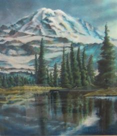 Lola M. Stream, PNW artist, pastel painting of Mt Rainier. Frame is 19" x 21"
 