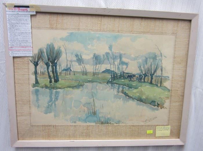 F.J.D. Boers -Francoise Jacob Diederich Boers (1914-1987, Netherlands): watercolor of a farm pond scene with cows. Image area 17.75" x 12