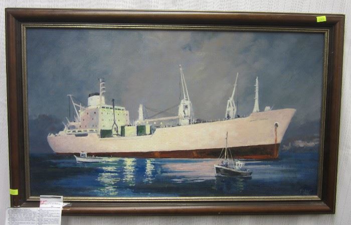 F. A. Baker painting on panel of a cargo ship. 15" x 26"
