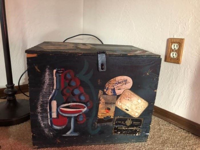 Vintage wine chest with wine labels