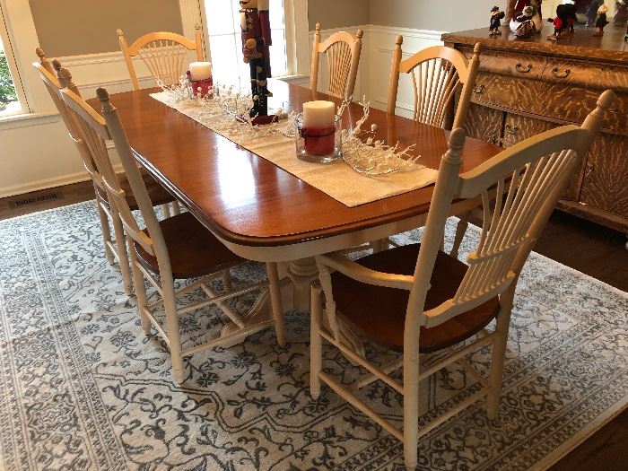 Beautiful dining table by Giguere & Morin, Quebec; 6 chairs; 81" long (with leaf).  Leaf is 20".  42" wide.  6 chairs