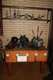 Butcher block, figurines and hanging lamps