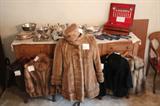 Buffet, silverware, and 5 mink coats/capes with hats