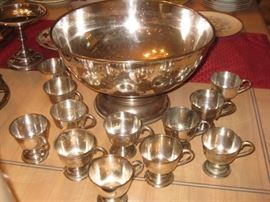 Sliver plated punch bowl and 12 cups, some marked "Nickel silver"