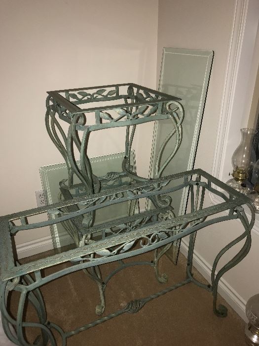 3 PIECE GREEN IRON AND GLASS TABLES
