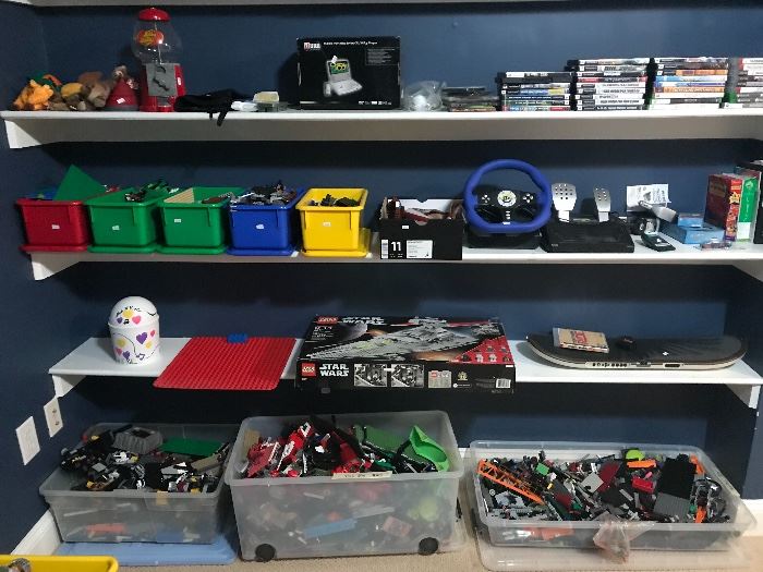 All the bins shown are filled with Legos