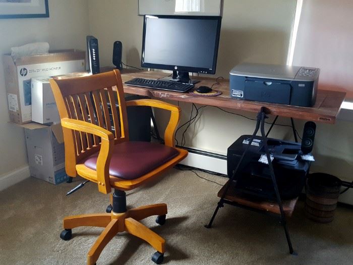Office desk, chair, and office equipment (computer not for sale)