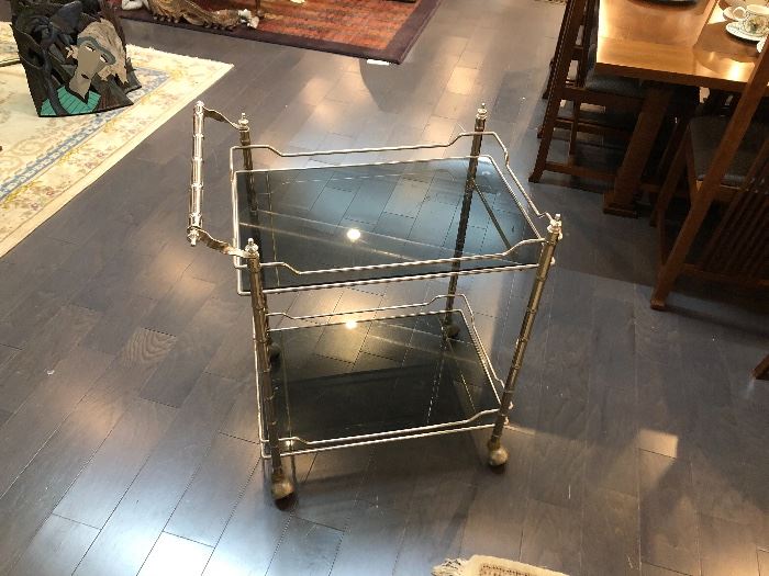 Mid Century Modern Chrome Silver Tea/Bar Cart With Smokey Glass. Faux Bamboo style rods.