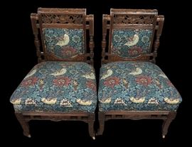 Early 20th Century Vintage Hand Carved Wooden Upholstered Side Chairs