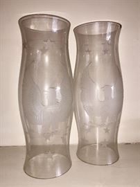 Pair vintage etched Eagle glass hurricane lamp shades 