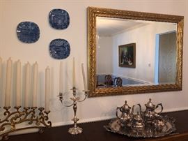 Mirrors, large candlesticks, silver plate tea set & collectibles