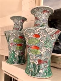 Oriental Fish Enamel Painted Vases