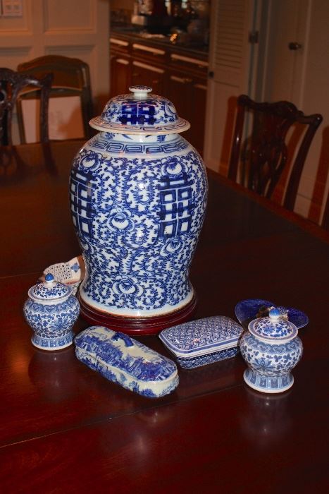 Blue and White Decorative Serving Pieces including Asian Jar, Covered Jars and Boxes