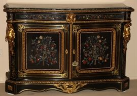 NAPOLEON III EBONY MARBLE TOP BOMBE COMMODE, WITH JADE, LAPIS, AGATE H 41", W 62", D 20", Lot 2070
