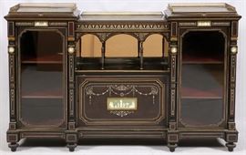 ENGLISH EBONIZED CURIO WEDGWOOD AND MOTHER OF PEARL-INLAID CREDENZA 19TH C., H 45", W 70"', Lot 16