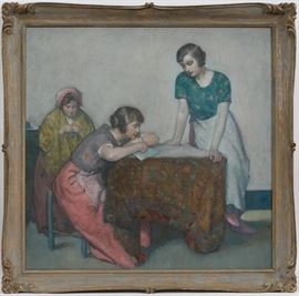 MYRON BARLOW (AMERICAN, 1858-1930), OIL ON CANVAS, H 29", W 29" THREE LADIES, Lot 2045