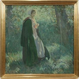 MYRON BARLOW, (AMERICAN 1873 - 1937), OIL ON CANVAS H 40" W 40" LADY IN LANDSCAPE, Lot 2046