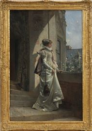 ADRIEN MOREAU (FRENCH 1843-1906), H 36", W 24", ELEGANT LADY IN SATIN DRESS, Lot 2048