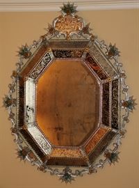 ANTIQUE VENETIAN ETCHED AND BLOWN GLASS MIRROR, H 56", W 42"  Lot 2071