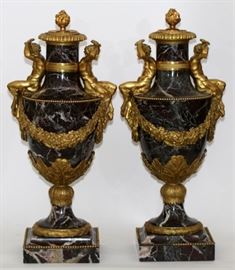 FRENCH D'ORE BRONZE & ROUGE MARBLE CASSOLETTES, 19TH C., PAIR, H 13"  Lot 2238