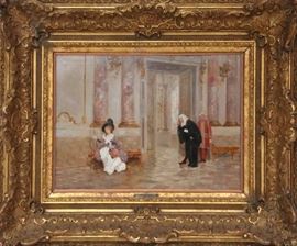 CHARLES EDOUARD EDMOND DELORT, (FRENCH 1841-1895), OIL ON MAHOGANY PANEL, H 12 ", L 16", INTERIOR WITH THREE FIGURES  Lot 2039