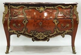 LOUIS XV STYLE, FRUITWOOD INLAY & MARBLE TOP BOMBE COMMODE, BRONZE ORMOLU, H 34", L 56", D 21"  Lot 2124