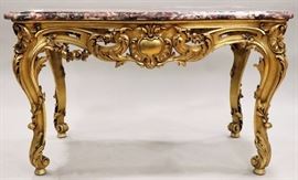 LOUIS XV STYLE, MARBLE TOP PARLOR TABLE, H 31 1/4", L 51", D 30 1/2"  Lot 2125