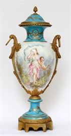 SEVRES FRENCH, HAND PAINTED PORCELAIN & BRONZE COVERED URN, 19TH C., H 36", L 15"  Lot 2237