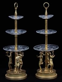 FRENCH, D'ORE BRONZE 3 TIER PASTRY SERVERS, PAIR, H 24", DIA 8"  Lot 2231