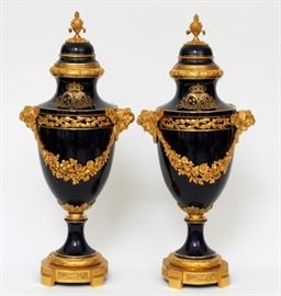 FRENCH BRONZE & COBALT PORCELAIN COVERED URNS, 20TH C., PAIR, H 21", L 10" Lot 2235