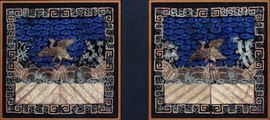 Q'ING DYNASTY CHINESE, HAND WOVEN SILK AND GOLD COUCHED THREAD 4TH CIVIL RANK BADGE / BUZI PAIR 19TH C, H 11 1/4", W 11 1/2" & 11 5/8" Lot 2312