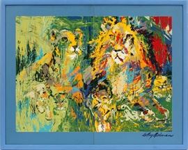 LEROY NEIMAN (AMERICAN, 1921-2012), 2 SECTION, SERIGRAPH ON METAL COMPUTER PANELS, TOTAL SIZE OF ARTWORK ONLY: H 24", W 32", "LION FAMILY" Lot 43