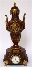FRENCH BRONZE & MARBLE MANTLE CLOCK, CA. 1880, H 24", W 7 1/2" Lot 1