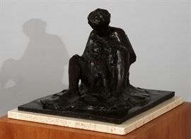 JOHN NICK PAPPAS [AMERICAN, 1927-2018] MODERN BRONZE MOTHER AND CHILD SCULPTURE, 1967, H 11", W 12.5", L 15" Lot 1024