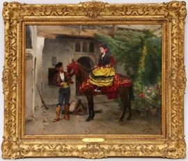 JULES WORMS (FRENCH/SPANISH, 1832-1924), OIL ON PANEL, H 14", L 18", "THE ARRIVAL" Lot 2010