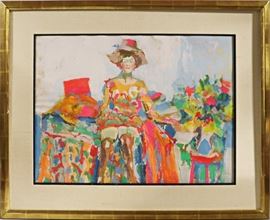 NICOLA SIMBARI (ITALIAN, 1927-2012), TEMPERA ON PAPER, C. 1969, H 21", L 28 1/2", SEATED WOMAN Lot 2060


