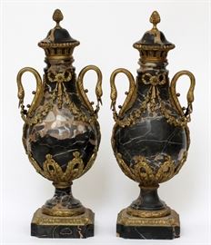 FRENCH BRONZE & MARBLE URNS, 19TH C, PAIR, H 21", W 8 1/2", D 5 3/4" Lot 3