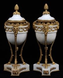 FRENCH MARBLE & DORE BRONZE URNS, PAIR, H 19", DIA 7 1/2" Lot 1028