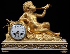 FRENCH BRONZE AND MARBLE MANTLE CLOCK, C 1900, H 10.5" L 12" D 5" Lot 1010