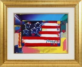 PETER MAX (GERMAN, B. 1937), MIXED MEDIA ON PAPER, C. 2003, H 17 1/4", L 23", "FLAG WITH HEART" Lot 2068