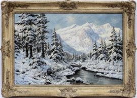 LAZLO NEOGRADY (HUNGARIAN, 1896-1962), OIL ON CANVAS, H 24", W 36", WINTER RIVER SCENE  Lot 2054