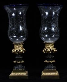 ENGLISH GILT BRONZE HURRICANE CANDLESTICKS, H 15 1/2", DIA 6"  Lot 2364