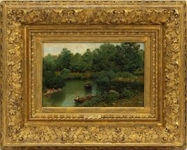 HENRY PEMBER SMITH (AMERICAN 1854-1907) OIL ON BOARD , 1883, H 8.3" W 12" FISHERMEN  Lot 2033