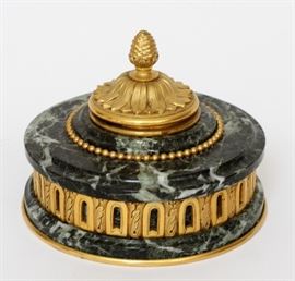 FRENCH EMPIRE, MARBLE AND BRONZE, INKWELL, C1840, H 4 1/2", DIA 5 1/2"  Lot 8