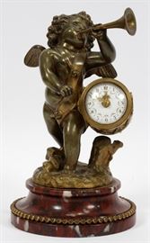 AFTER ETIENNE FALCONNET, [FRENCH 1716 - 1791] BRONZE SCULPTURE WITH CLOCK 19TH.C. H 7.5" - 9", CHERUB DRUMMER  Lot 1008