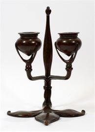 TIFFANY STUDIOS NEW YORK #1232 BRONZE FLEUR DE LIS CANDLE STAND, C. 1910, H 9" D 6"  Lot 1001
