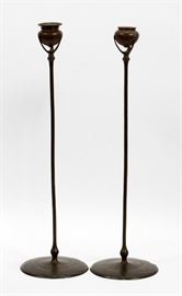 TIFFANY STUDIOS NEW YORK BRONZE CANDLESTICKS, #1213 C 1910, H 20.5"  Lot 1002