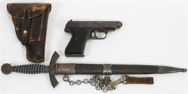SAUER, MODEL 38H, SEMI-AUTOMATIC PISTOL, .32ACP CAL., AND DAGGER, C1940, 5 PCS. L 3.27 BBL, #421597  Lot 209